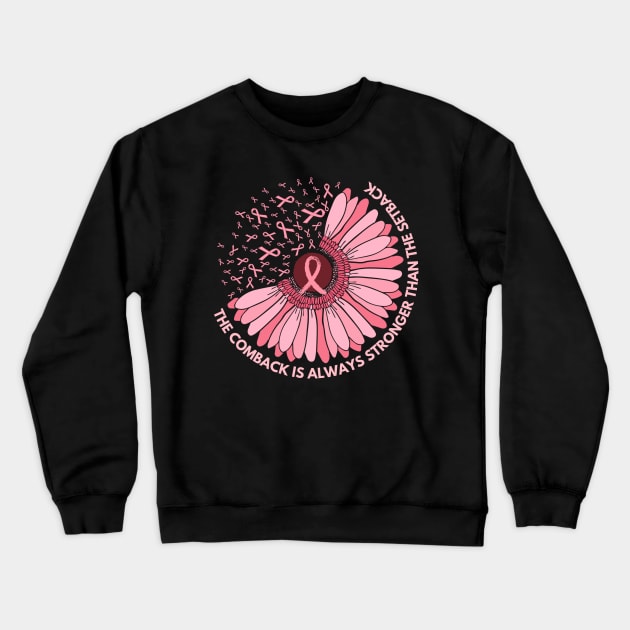 Cute Sunflower Pink Ribbon Breast Cancer Fighter Motivational Quote Gift Crewneck Sweatshirt by Illustradise